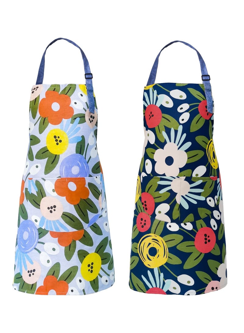 SYOSI 2Pcs Floral Aprons with Pocket Blooming Womens Aprons Waterproof Adjustable Cotton Chef Cooking Aprons for Kitchen Gardening Salon Cooking BBQ Grill - Image 1