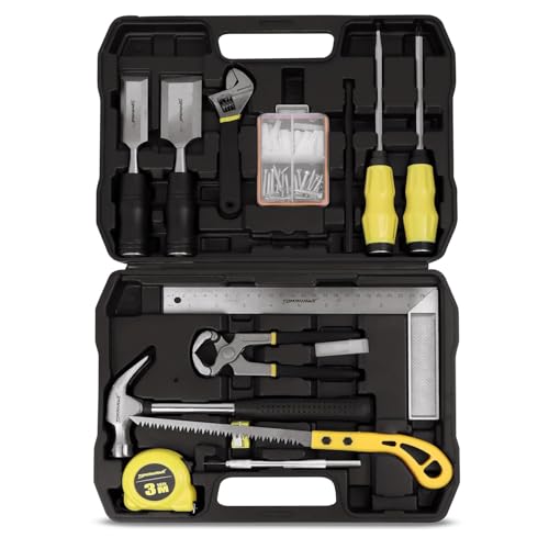 TOMAHAWK CAR-0061 61-Piece Carpenter Hand Tool Kit | Try Square, 2 x Chisels, Measuring Tape, Pincer, Adjustable Spanner, 2 x Screwdrivers, Claw Hammer, Screws with Plugs & Hand Saw with Toolbox - Image 1