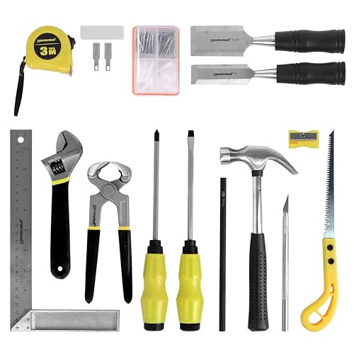 TOMAHAWK CAR-0061 61-Piece Carpenter Hand Tool Kit | Try Square, 2 x Chisels, Measuring Tape, Pincer, Adjustable Spanner, 2 x Screwdrivers, Claw Hammer, Screws with Plugs & Hand Saw with Toolbox - Image 2