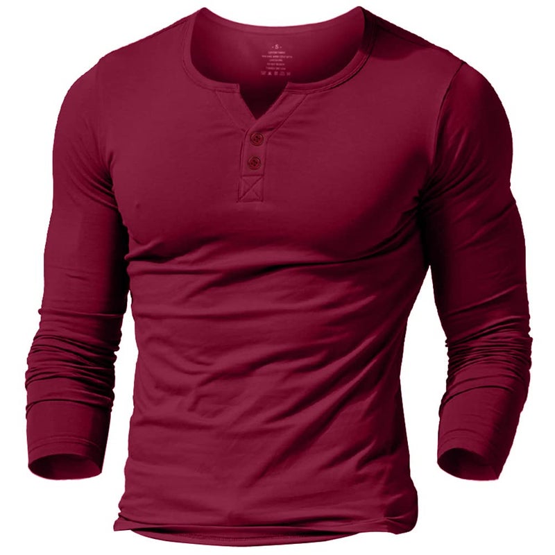 palglg Mens Long Sleeve Muscle Slim Fitted Cotton Henley T-Shirt with Buttons Wine Red M - Image 5