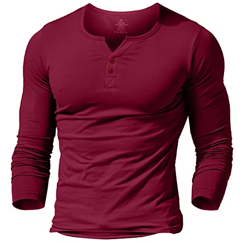 palglg Mens Long Sleeve Muscle Slim Fitted Cotton Henley T-Shirt with Buttons Wine Red M - Image 1