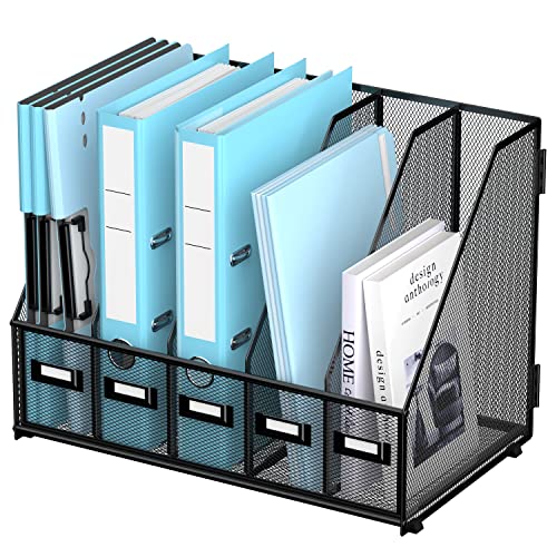 SUPEASY Desk Organizers Metal Desk Magazine File Holder with 16''x12''x12'' 5 Vertical Compartments Rack File Organizer for Office Desktop, Home Workspace, Black Plus - Image 1