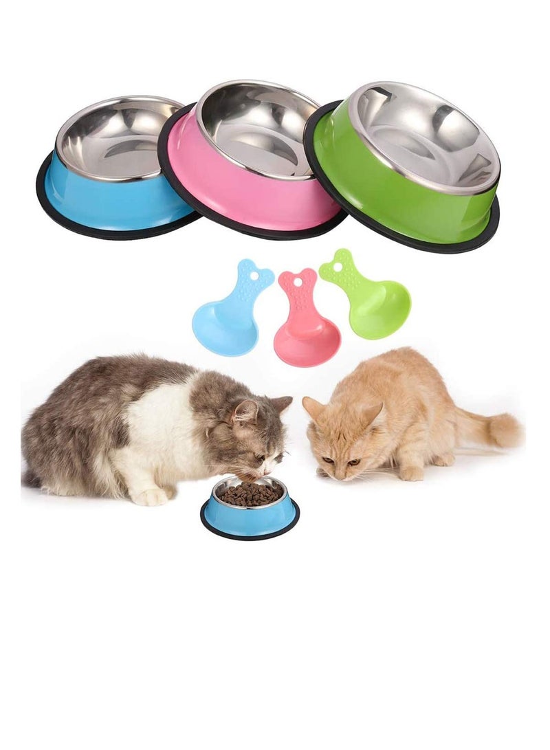 3 Piece Cat Food Bowl Stainless Steel Cat Bowl Set Feeding Bowl with 3 Food Scoops Cat Food Bowl Water Feeding Bowl with a Bowl Mat Blue Pink Green - Image 1