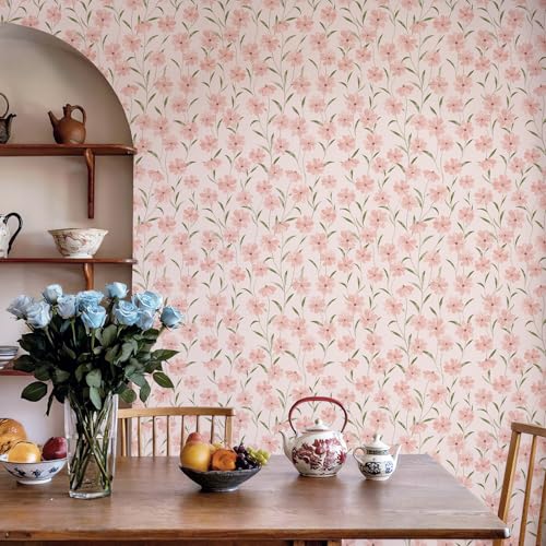 Simon&Siff SimonSiff Pink Floral Peel and Stick Wallpaper 173x400 Vintage Green Leaves Wall Paper Self Adhesive Removable Botanical Waterproof Contact Paper for Bedroom Cabinet - Image 1