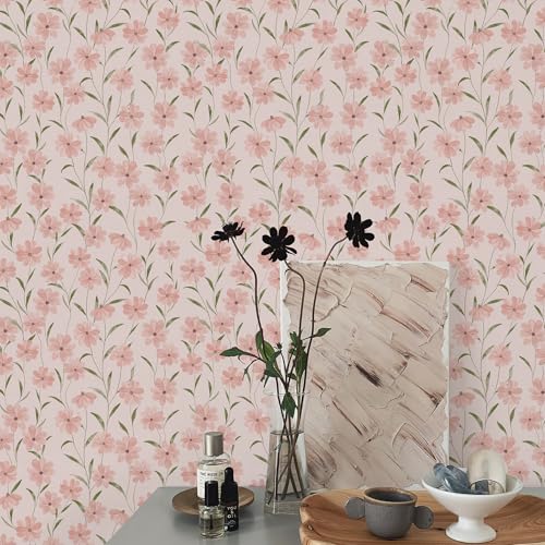 Simon&Siff SimonSiff Pink Floral Peel and Stick Wallpaper 173x400 Vintage Green Leaves Wall Paper Self Adhesive Removable Botanical Waterproof Contact Paper for Bedroom Cabinet - Image 3