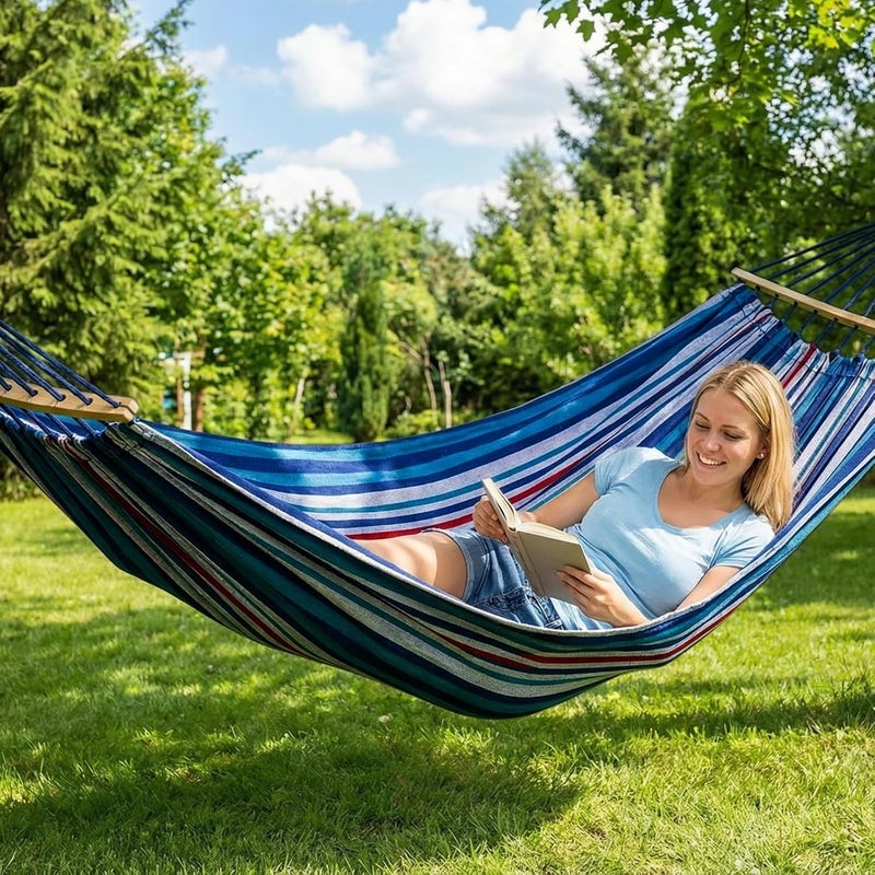 Anyoo Outdoor Cotton Hammock with Tree Straps, Comfortable Fabric Hammock with 40CM Curved Wooden bar, Portable Hammock with Compact Travel Bag, Perfect for Indoor Balcony Garden Patio Yard - Image 5