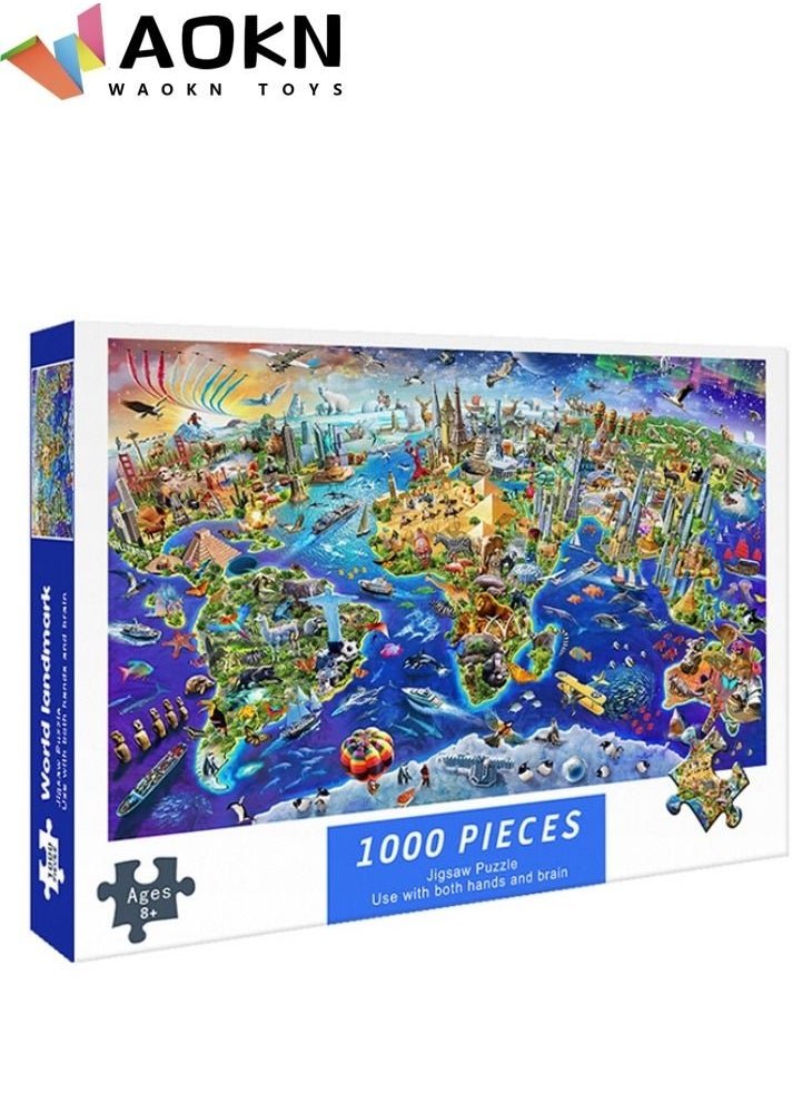 WAOKN - 1000-Pieces World Landmarks Map Jigsaw Puzzles Decompression Educational Intellectual Parent-Child Game Top Level Puzzle Toy Nightmare Puzzle For Children and Adult Every Piece is Unique - Image 1