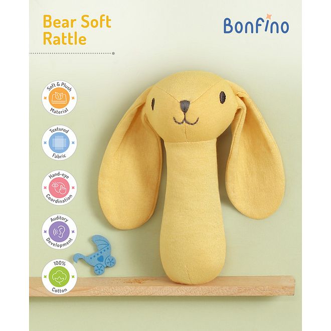 Bonfino رَجَّة دُب بونفينو الناعمة - تُطوّر المهارات الحركية، سهلة الإمساك، آمنة للرضع 3 أشهر فما فوق، لعبة أطفال صفراء 7x15 سم - Image 1