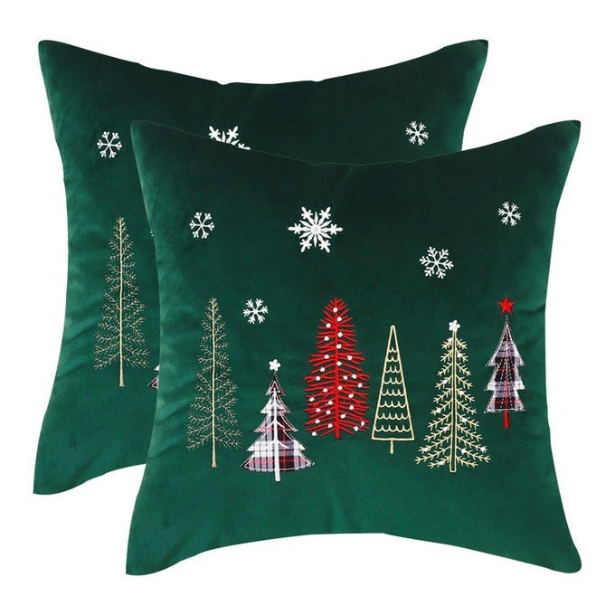 CHRISTMAS EMBROIDERY THROW PILLOW COVERS 24 X 24 INCH SET OF 2 XMAS DEC VELVET PILLOWCASES FOREST GREEN CHRISTMAS TREES CUSHION PILLOW CASES SOFT SQUARE HOLIDAY PILLOWCASE
