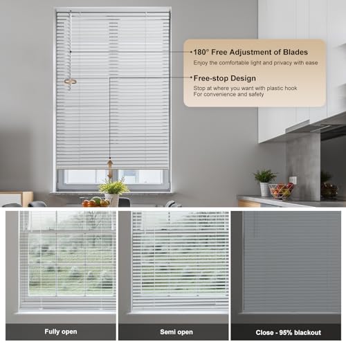 SEEYE Cordless Mini Blinds Aluminum Venetian Blind Horizontal Window Shades, 1" Slat Size - Rooming Darkening Blinds Anti-UV & Waterproof for Bedroom, Office, Easy to Install, 18" W x 64" H, White - Image 3