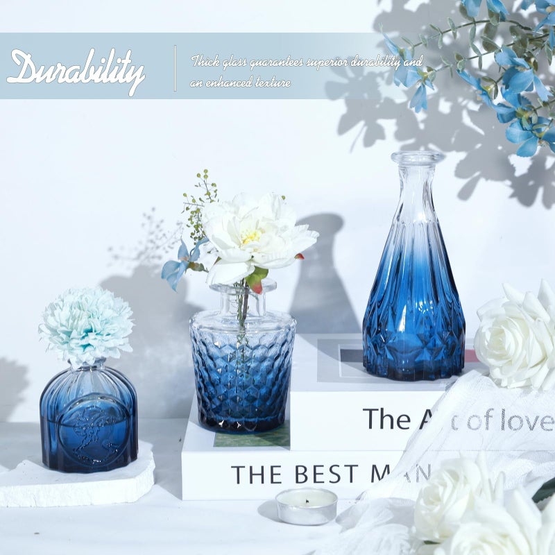 TBWIND Glass Bud Vase Set of 5, Small Blue Flower Vases for Centerpieces in Bulk, Mini Vintage Vase for Wedding Decor, Single Flowers, and Home Table DÃ©cor - Image 4