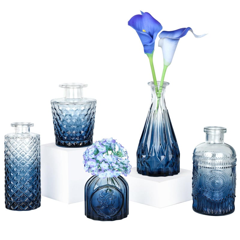 TBWIND Glass Bud Vase Set of 5, Small Blue Flower Vases for Centerpieces in Bulk, Mini Vintage Vase for Wedding Decor, Single Flowers, and Home Table DÃ©cor - Image 1