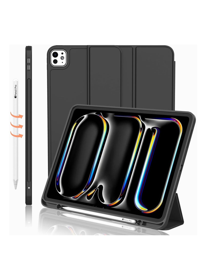 DUSALA iPad Pro 11 Inch Case M4 2024 (5th Generation) with Pencil Holder, [Support Pencil Pro and Pencil (USB-C)], Trifold Stand Smart Case with Soft TPU Back, Auto Wake/Sleep (Black) - Image 1
