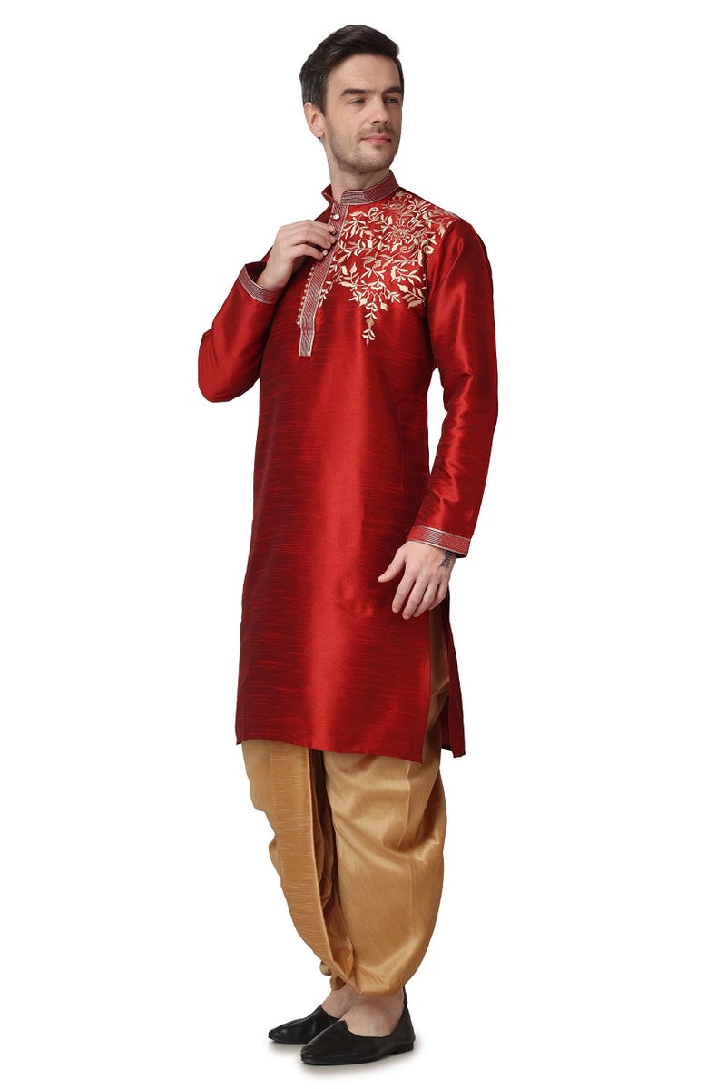 Royal Kurta Mens Silk Patchwork Dhoti Kurta Set (Maroon, Size - 42) - Image 2