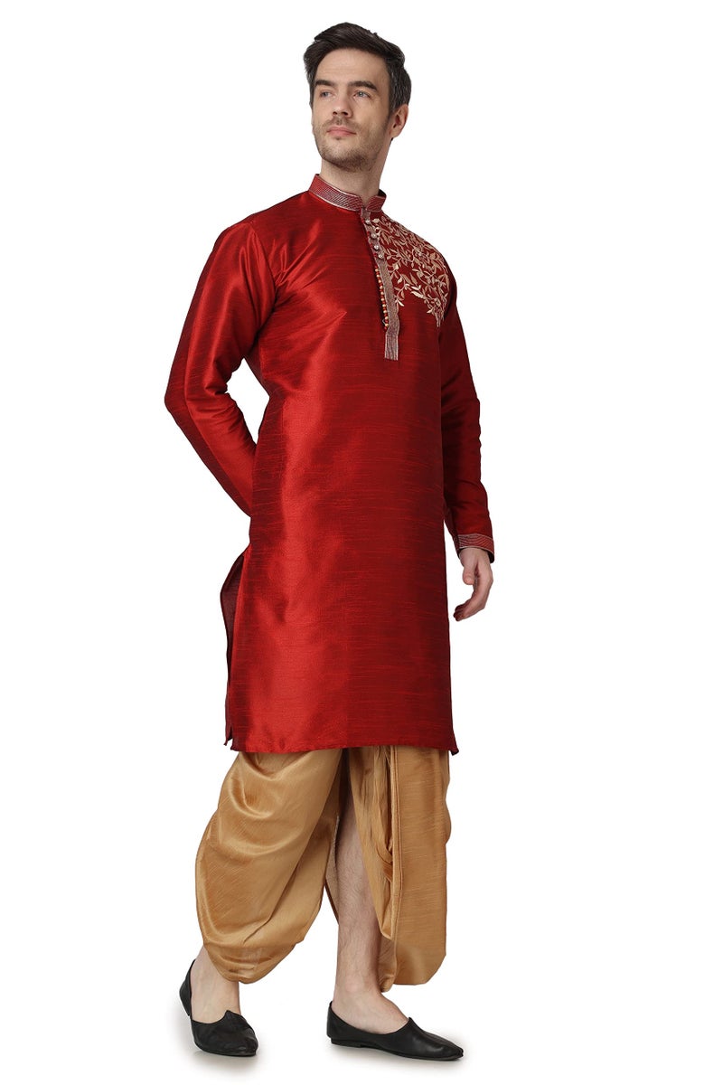 Royal Kurta Mens Silk Patchwork Dhoti Kurta Set (Maroon, Size - 42) - Image 3