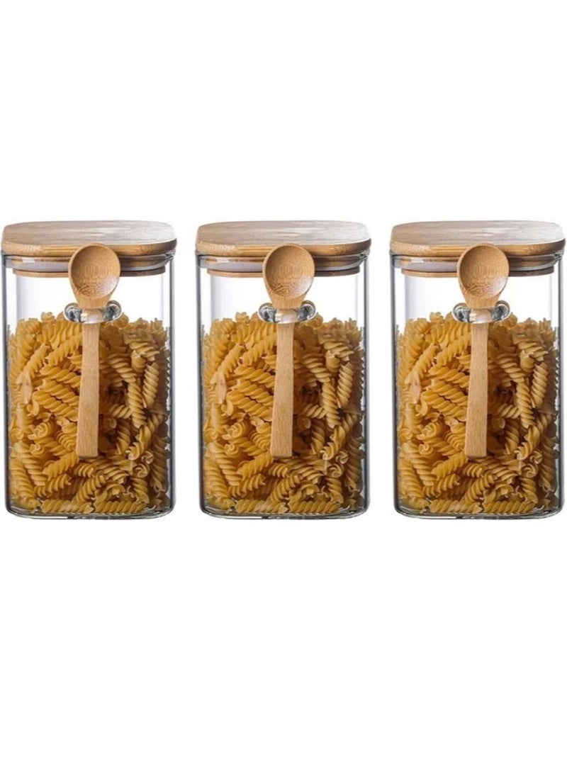 Set of 3 Airtight Food Jars Glass Storage Jar with Bamboo Lids and bamboo Spoon Kitchen Food Storage Containers with Scoop For Serving Tea Coffee Flour Sugar Candy Cookie and Spices - Image 1
