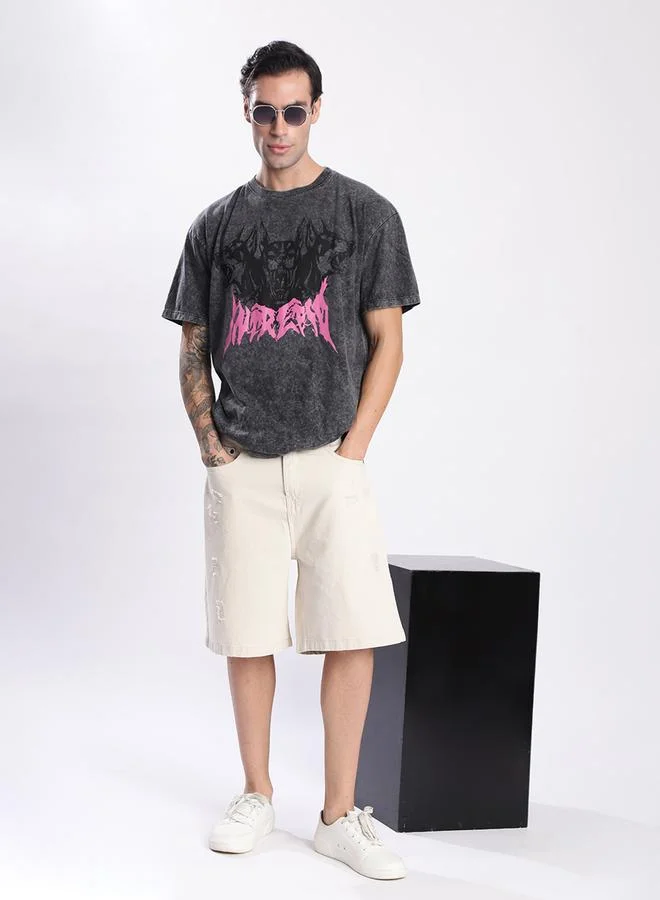 Styli Men Grey Acid Wash Graphic T-Shirt By Bene Kleed