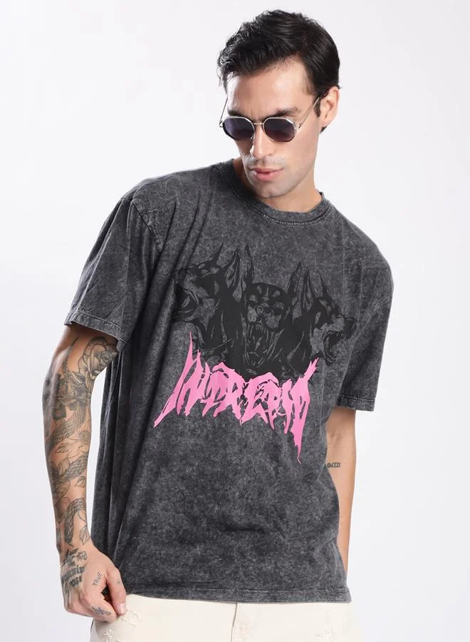 Styli Men Grey Acid Wash Graphic T-Shirt By Bene Kleed