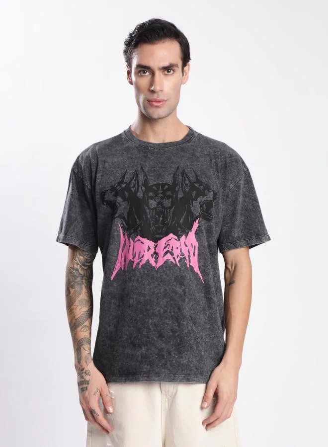 Styli Men Grey Acid Wash Graphic T-Shirt By Bene Kleed