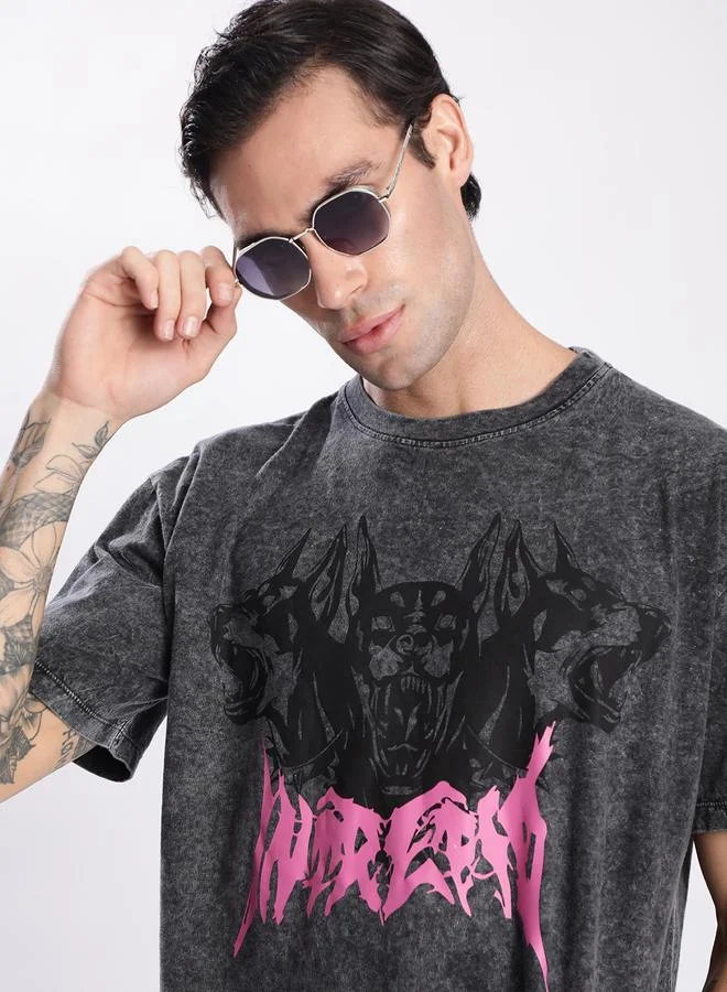Styli Men Grey Acid Wash Graphic T-Shirt By Bene Kleed