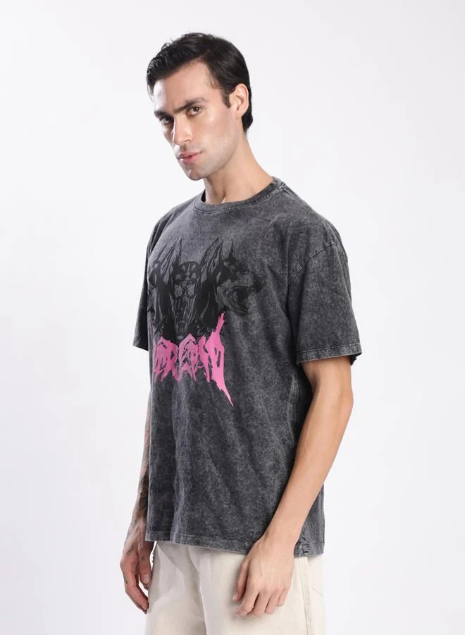 Styli Men Grey Acid Wash Graphic T-Shirt By Bene Kleed