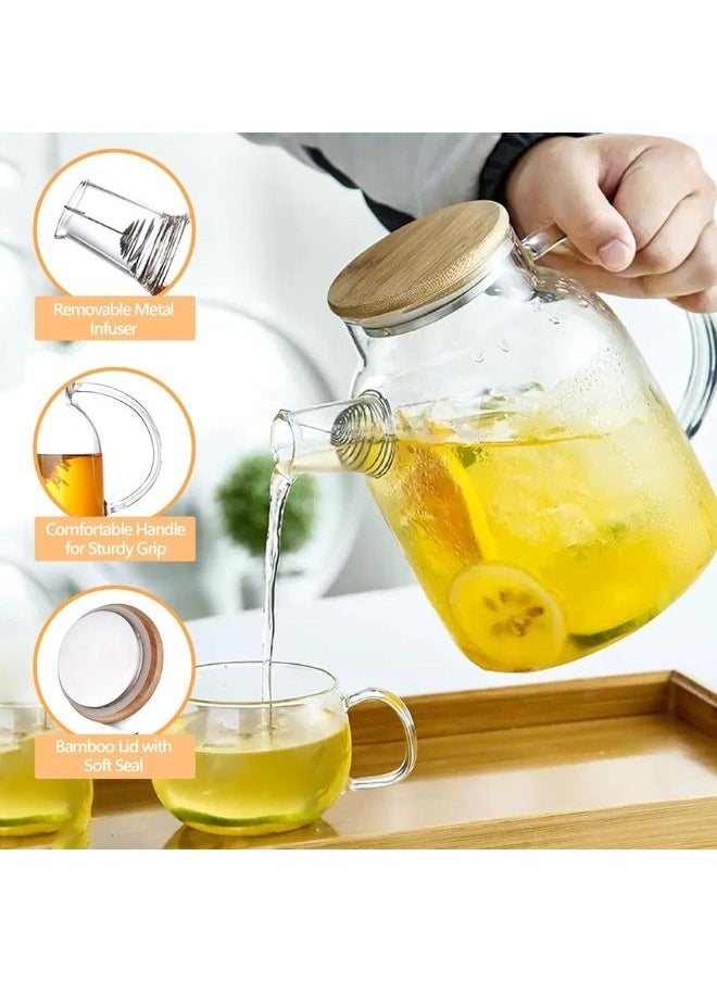 Happy Home Heat-resistant borosilicate glass teapot, microwave safe, with bamboo lid and removable infuser, suitable for loose leaf tea, flower tea, and fruit infusion tea, 2000ml  - Image 3
