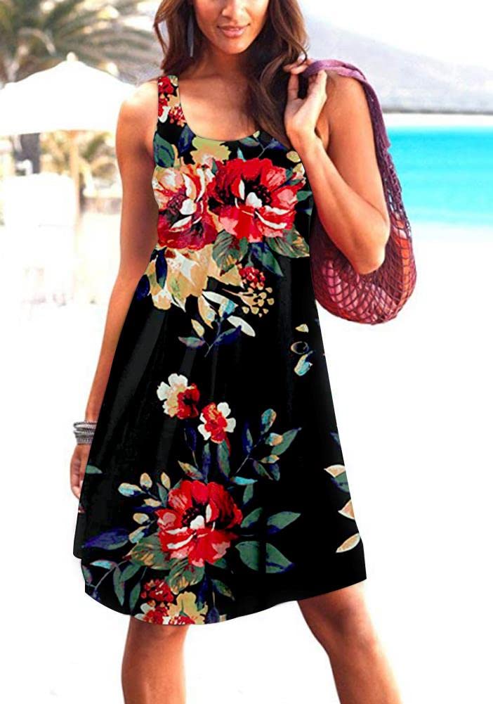 Camisunny Black Summer Tank Dress for Women Cotton Loose Casual Floral High Waist Soft Classy Size L - Image 4