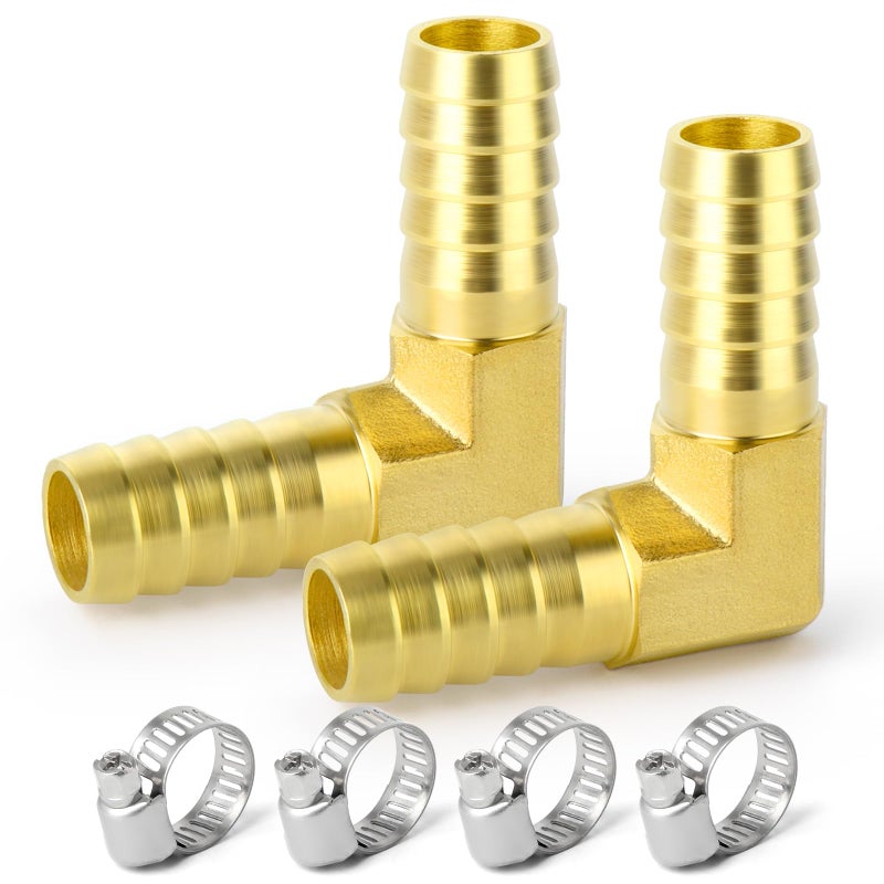 GASHER 2 Pieces Brass Hose Barb Reducer 12 Inch to 12 Inch Hose ID 90 Degree L Right Angle Elbow with 4 Hose Clamps Brass Barb Reducer SPLICER Fitting FuelAIRWaterOilGasWOG