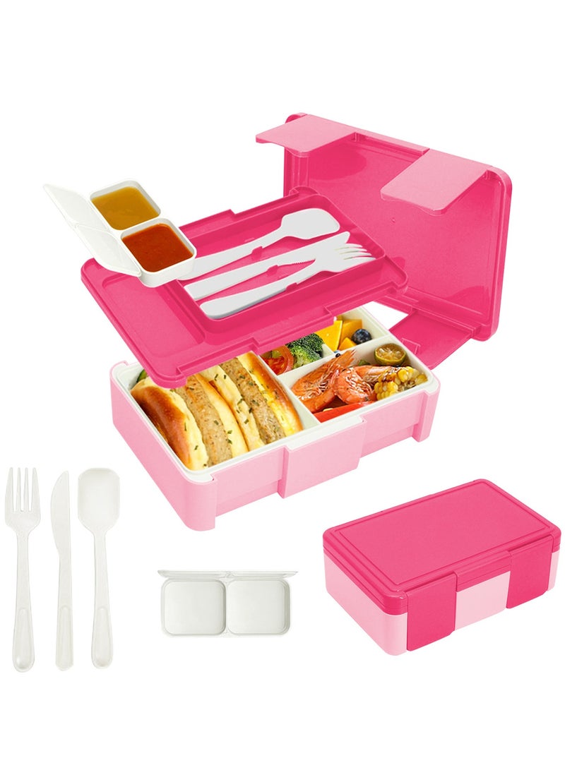 Necomi Bento Lunch Box for Kids & Adults, Lunchbox Containers with Tablewares and Sauce Dressing Container, Pink  - Image 1