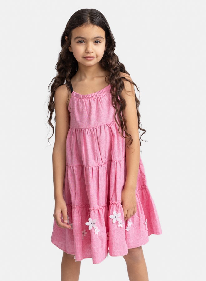 فستان وردي للبنات بتطريز زهور ودانتيل على الكتف