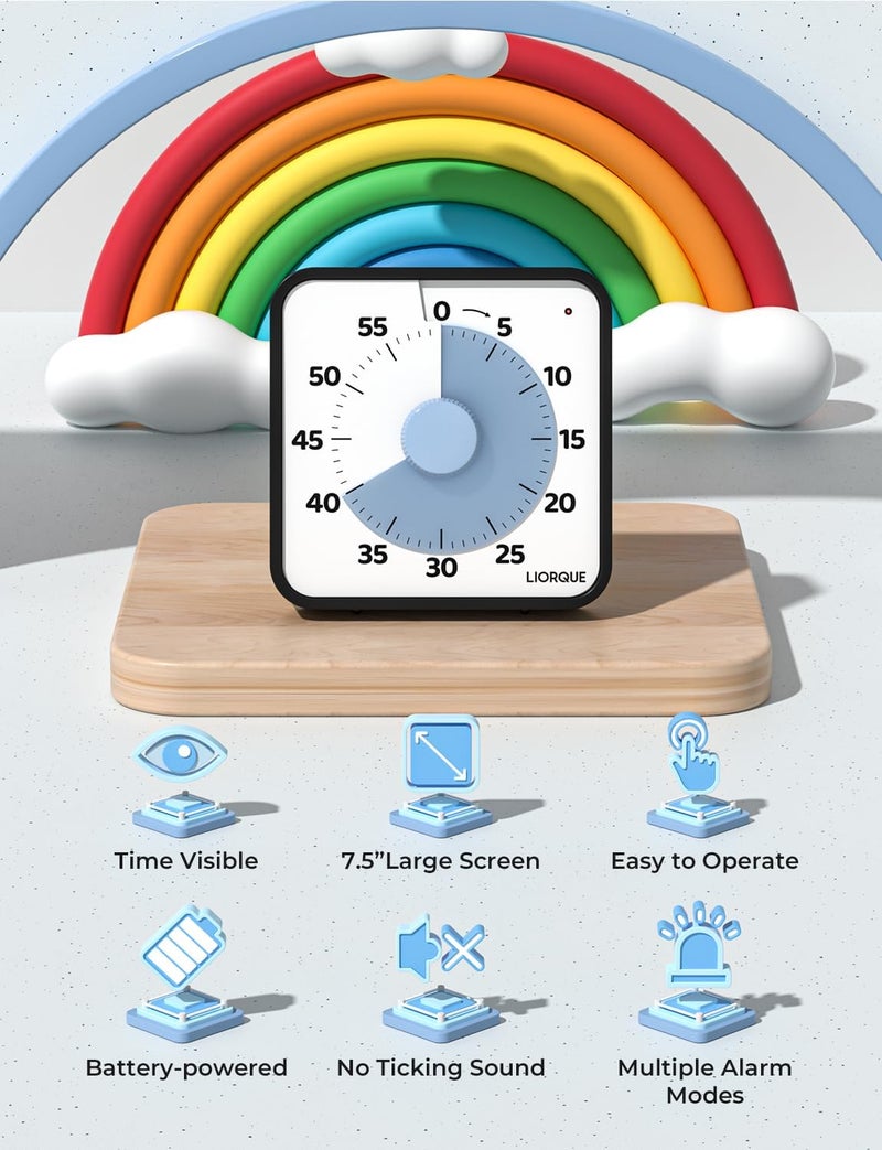 LIORQUE 60 Minute Visual Timer for Kids and Adults, Non-Ticking 7.5 Inch Large Visual Countdown Timers for Classroom Desk Countdown Clock with Magnetic Backing, Kids Pomodoro Timer Clock - Image 2