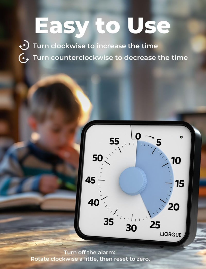 LIORQUE 60 Minute Visual Timer for Kids and Adults, Non-Ticking 7.5 Inch Large Visual Countdown Timers for Classroom Desk Countdown Clock with Magnetic Backing, Kids Pomodoro Timer Clock - Image 4