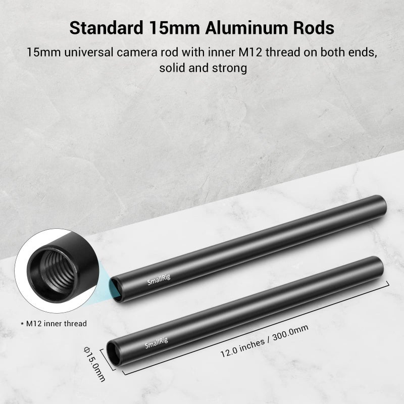 SMALLRIG 12 Inches (30 cm) Aluminum Alloy 15mm Rod with M12 Female Thread, Pack of 2 - Image 2