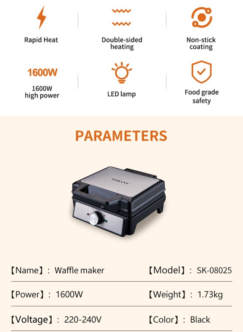 سوكاني صانعة الوافل الألمانية 2 لوح كبير من مادة PTFE غير لاصقة بقدرة 1600 وات وتحكم في درجة الحرارة قابل للتعديل SK-08025 أسود - Image 5