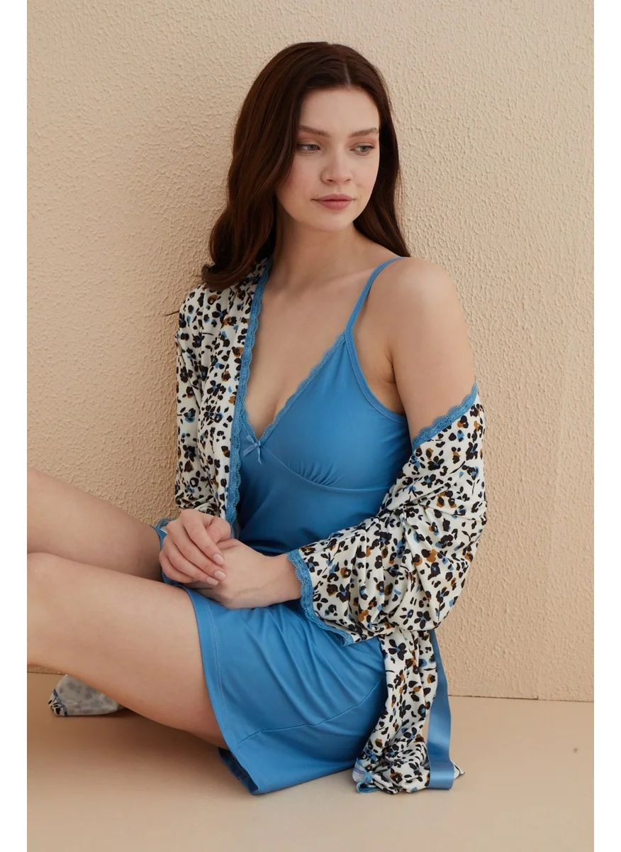 Bie'S Blue Leopard Rope Strap Low Shoulder Lace Detail 2-Piece Bamboo Nightgown Dressing Gown - dowry 2 Piece Viscose