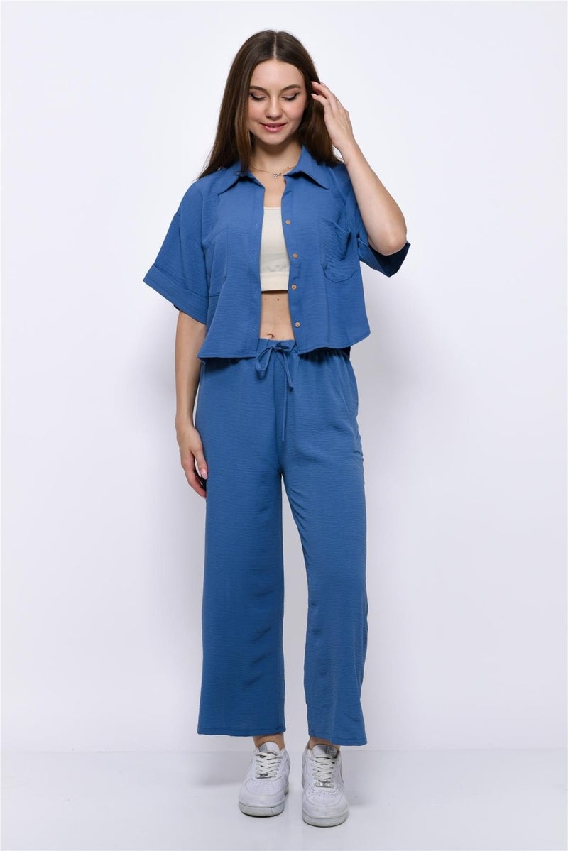 Nuseel Aerobin Crop Shirt Elastic Waist Trousers 2 Piece Set Blue - Image 3