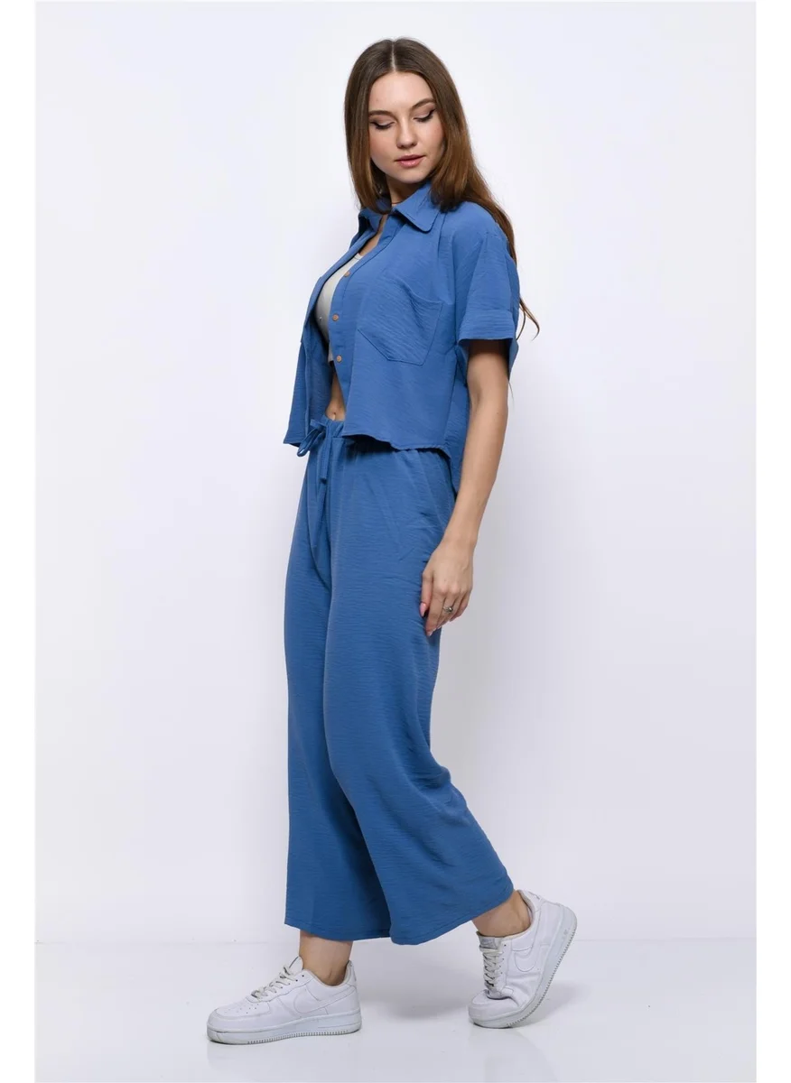 Nuseel Aerobin Crop Shirt Elastic Waist Trousers 2 Piece Set Blue