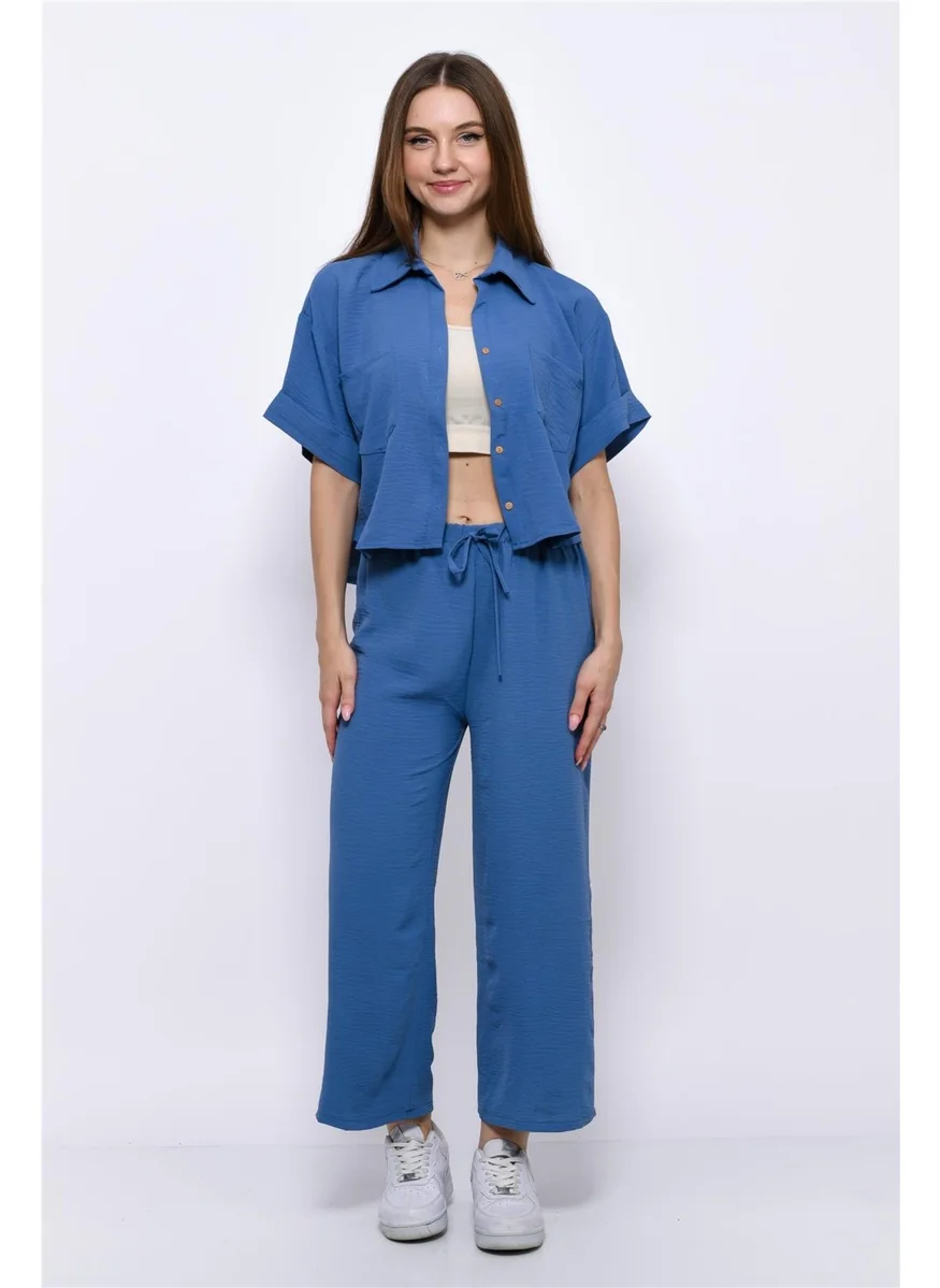 Nuseel Aerobin Crop Shirt Elastic Waist Trousers 2 Piece Set Blue