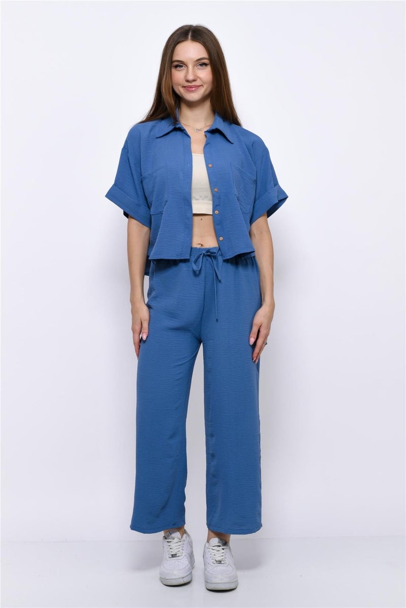Nuseel Aerobin Crop Shirt Elastic Waist Trousers 2 Piece Set Blue - Image 2