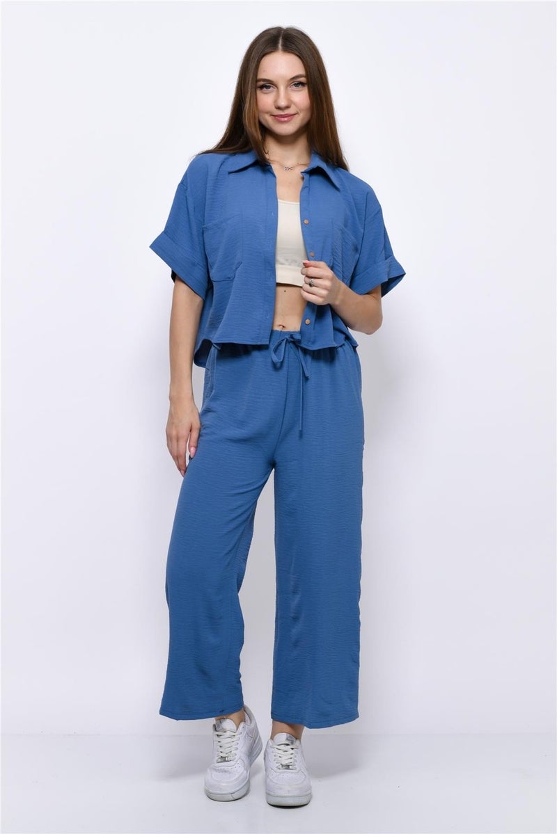 Nuseel Aerobin Crop Shirt Elastic Waist Trousers 2 Piece Set Blue - Image 4