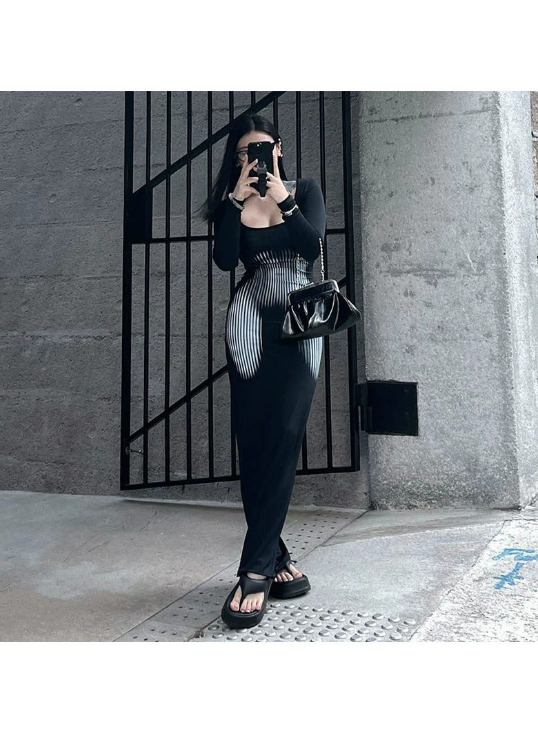 general Square-neck Pullover Long-sleeved High-Waisted Fishtail Dress - Image 1