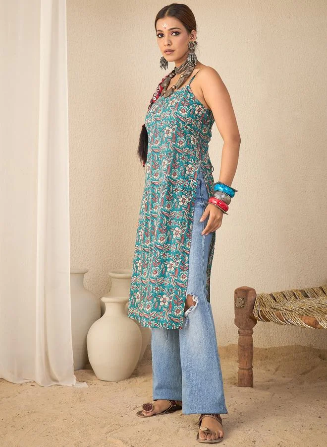 Winered Teal Floral Printed Backless Cotton Kurta With Tie-Ups
