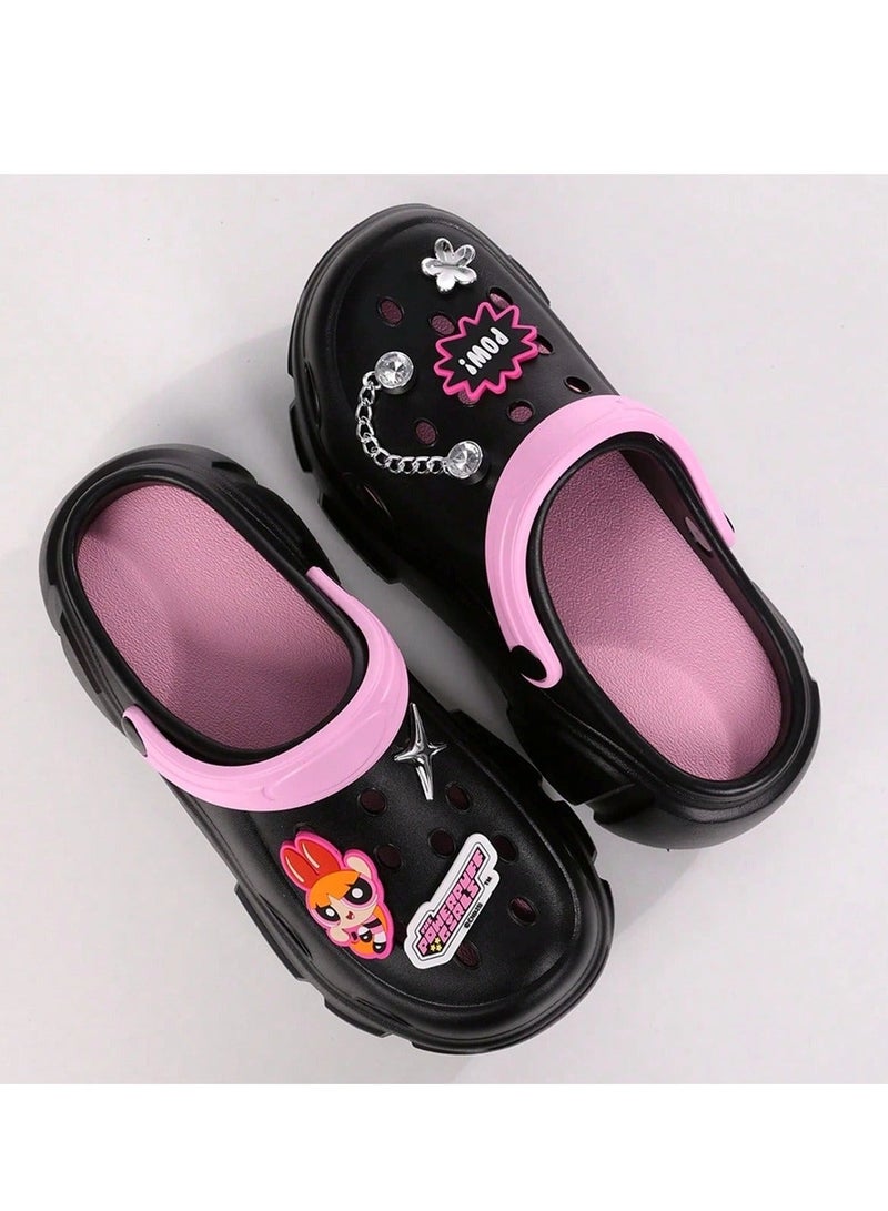 Powerpuff Girls Women's Slippers Powerpuff Girls Black and Pink Slip-On Shoes with Cute Decorative Charms and Chunky Sole for Casual Summer Wear - Image 3