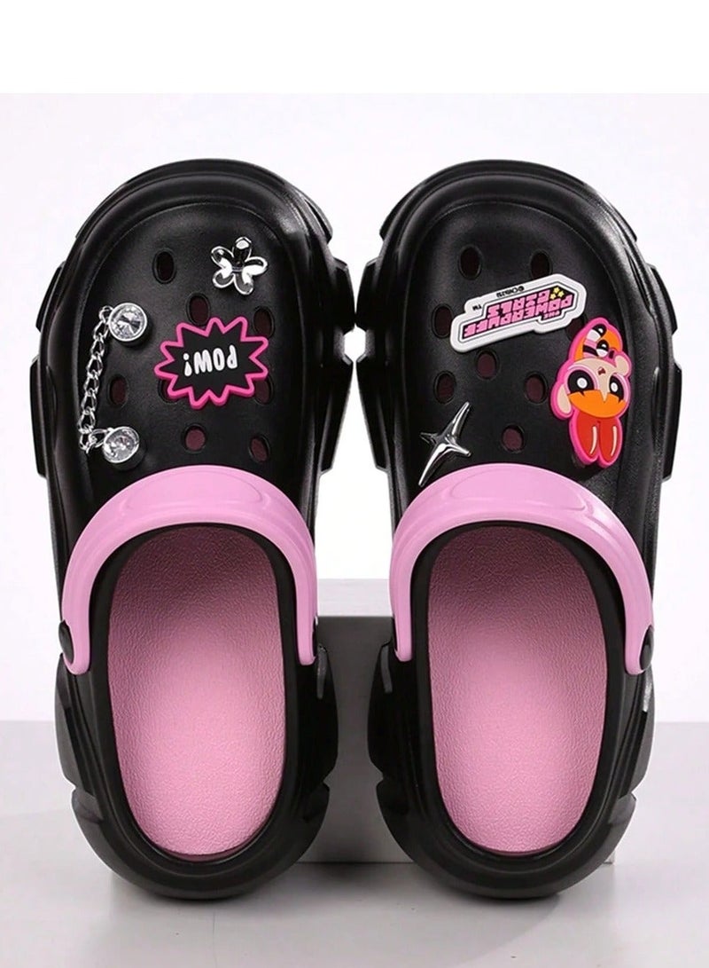 Powerpuff Girls Women's Slippers Powerpuff Girls Black and Pink Slip-On Shoes with Cute Decorative Charms and Chunky Sole for Casual Summer Wear - Image 2