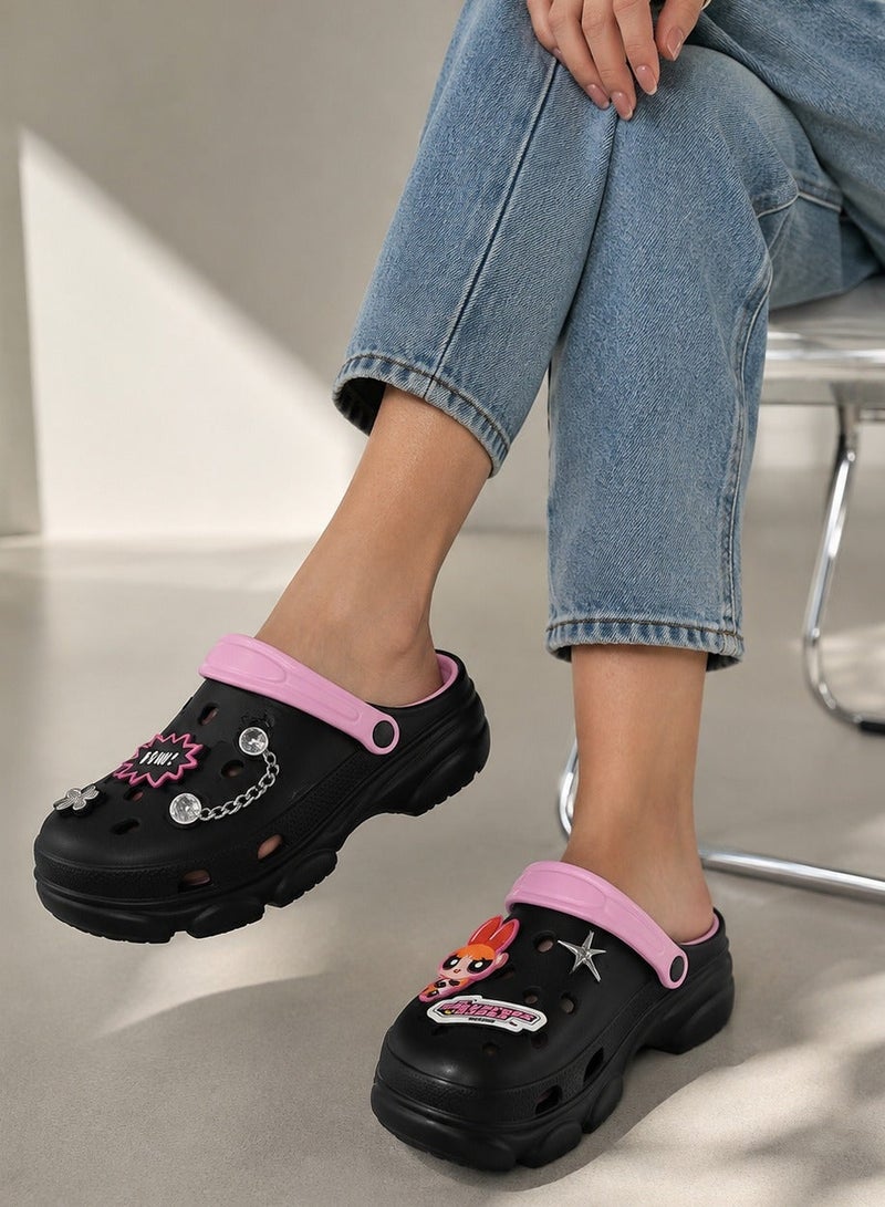 Powerpuff Girls Women's Slippers Powerpuff Girls Black and Pink Slip-On Shoes with Cute Decorative Charms and Chunky Sole for Casual Summer Wear - Image 1