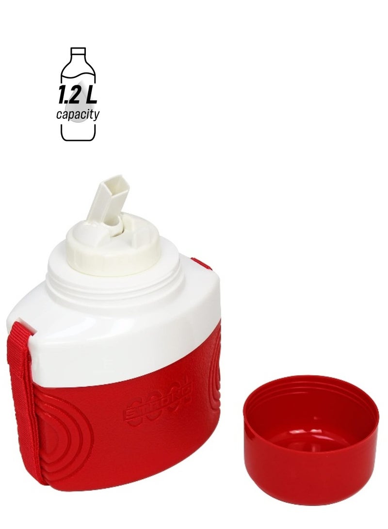 Asian 1.2L Plastic Water Bottle with Strap Red and White Kids Water Bottle Cool Strong Portable Canteen Jug with Cup Lid and Pop Up Spout for School Sports and Travel - Image 1