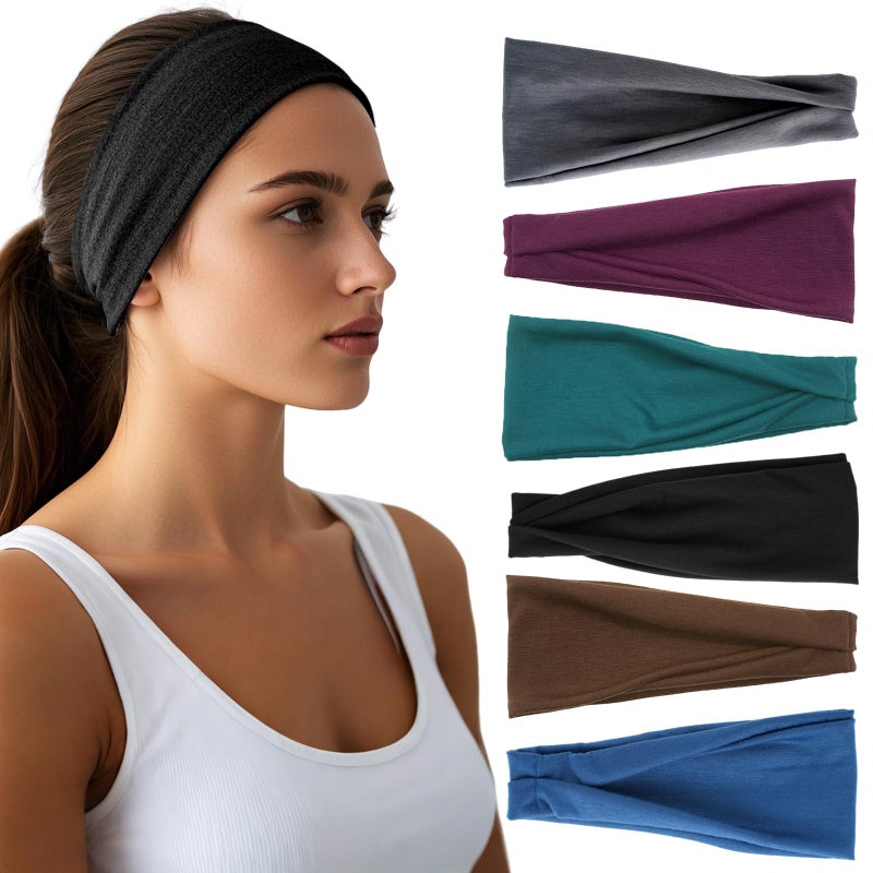 HSEM Headbands for Women - 6 Pack Wide Elastic Hairbands | Ultra-Soft Moisture Wicking Sports Headband | Non-Slip Accessories Bands for Fashion (Dark GrayBurgundyDarkGreenBlackCoffeeNavy) - Image 1
