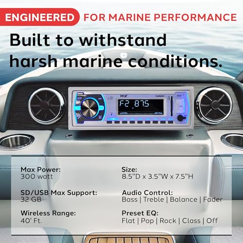 Pyle Marine Bluetooth Stereo Radio - 12v Single DIN Style Boat In dash Radio Receiver System with Built-in Mic, Digital LCD, RCA, MP3, USB, SD, AM FM Radio, Remote Control, White - PLMRB29W - Image 5