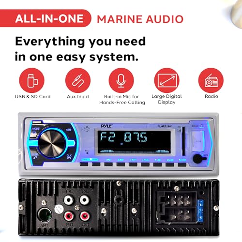 Pyle Marine Bluetooth Stereo Radio - 12v Single DIN Style Boat In dash Radio Receiver System with Built-in Mic, Digital LCD, RCA, MP3, USB, SD, AM FM Radio, Remote Control, White - PLMRB29W - Image 4