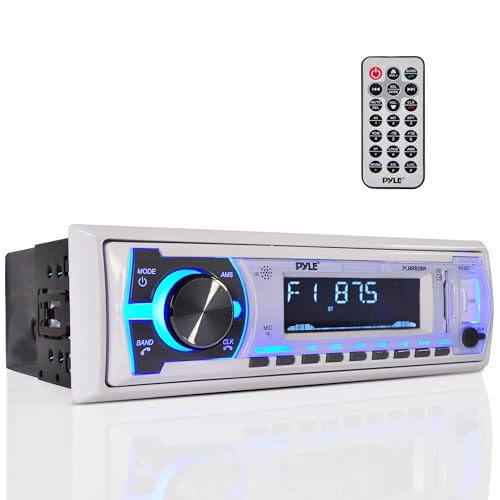 Pyle Marine Bluetooth Stereo Radio - 12v Single DIN Style Boat In dash Radio Receiver System with Built-in Mic, Digital LCD, RCA, MP3, USB, SD, AM FM Radio, Remote Control, White - PLMRB29W - Image 1